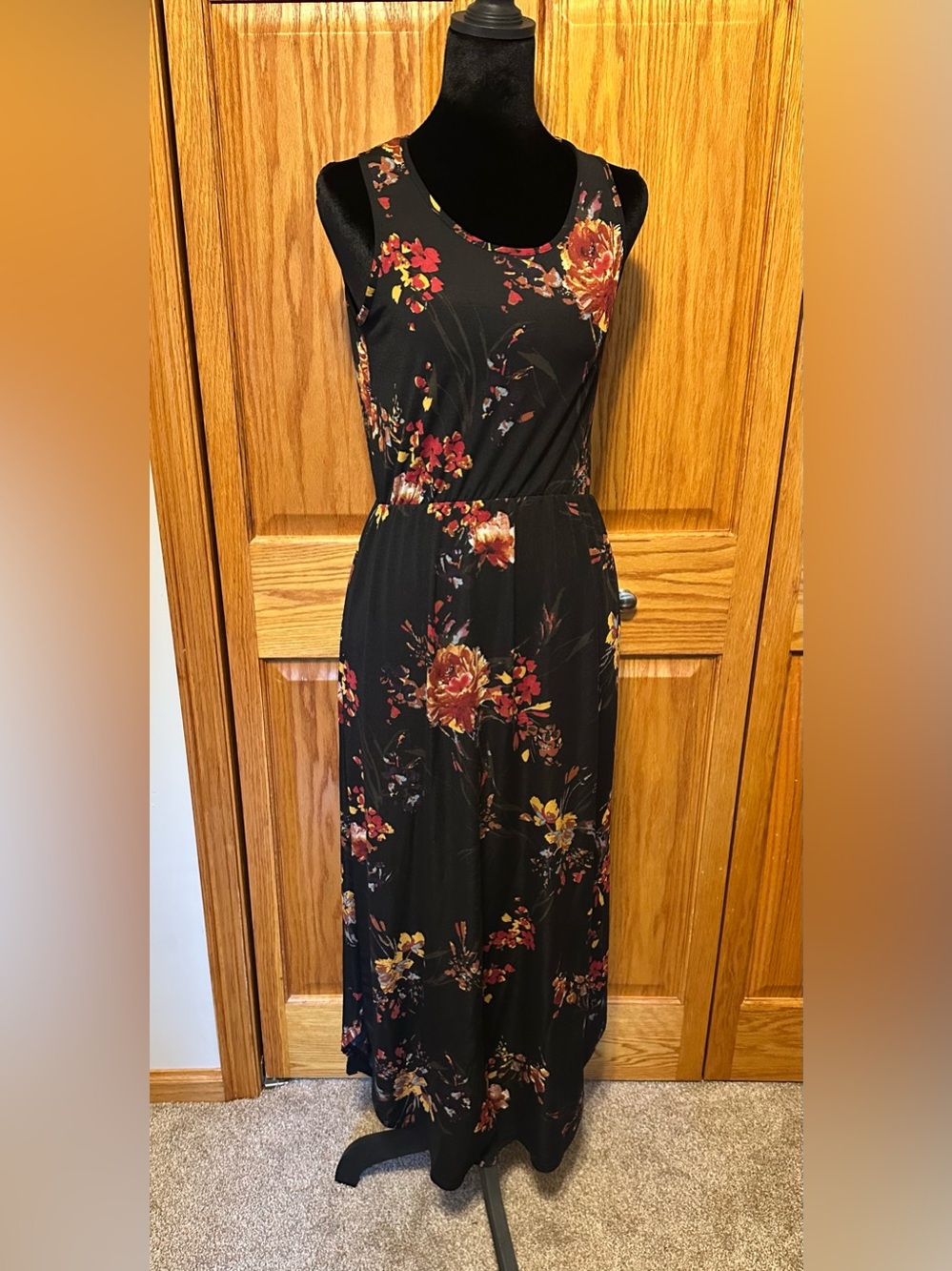 Black Floral Sleeveless Maxi Dress with Red & Gold Blooms